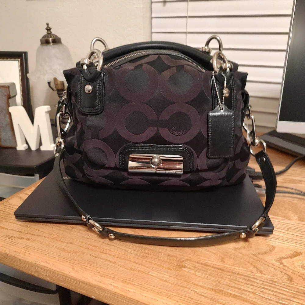 Coach Kristin OP Art Satchel In Black Signature C Canvas With Leather Trim